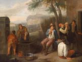 southern landscape with drinking compatriots at a fountain